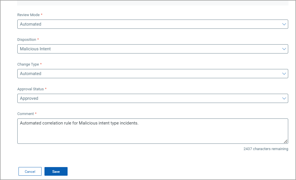 Correlation wizard showing configurations for automated approval type.